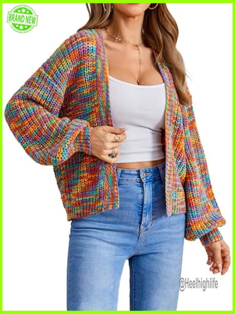 Cropped Cardigan Sweater Long Sleeve Ribbed Knit Open Front Color Block